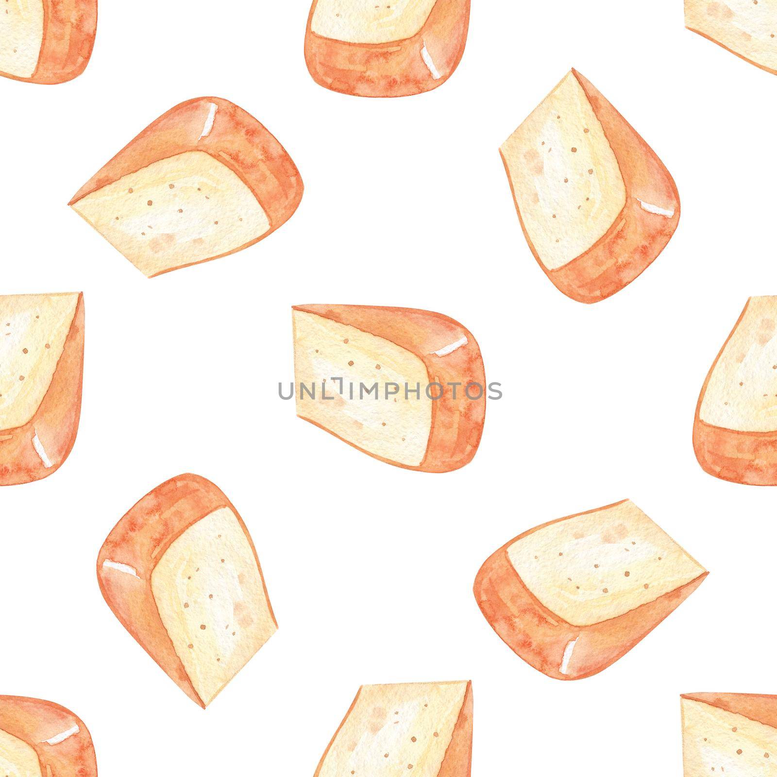 Watercolor cheese pieces seamless pattern on white background by dreamloud