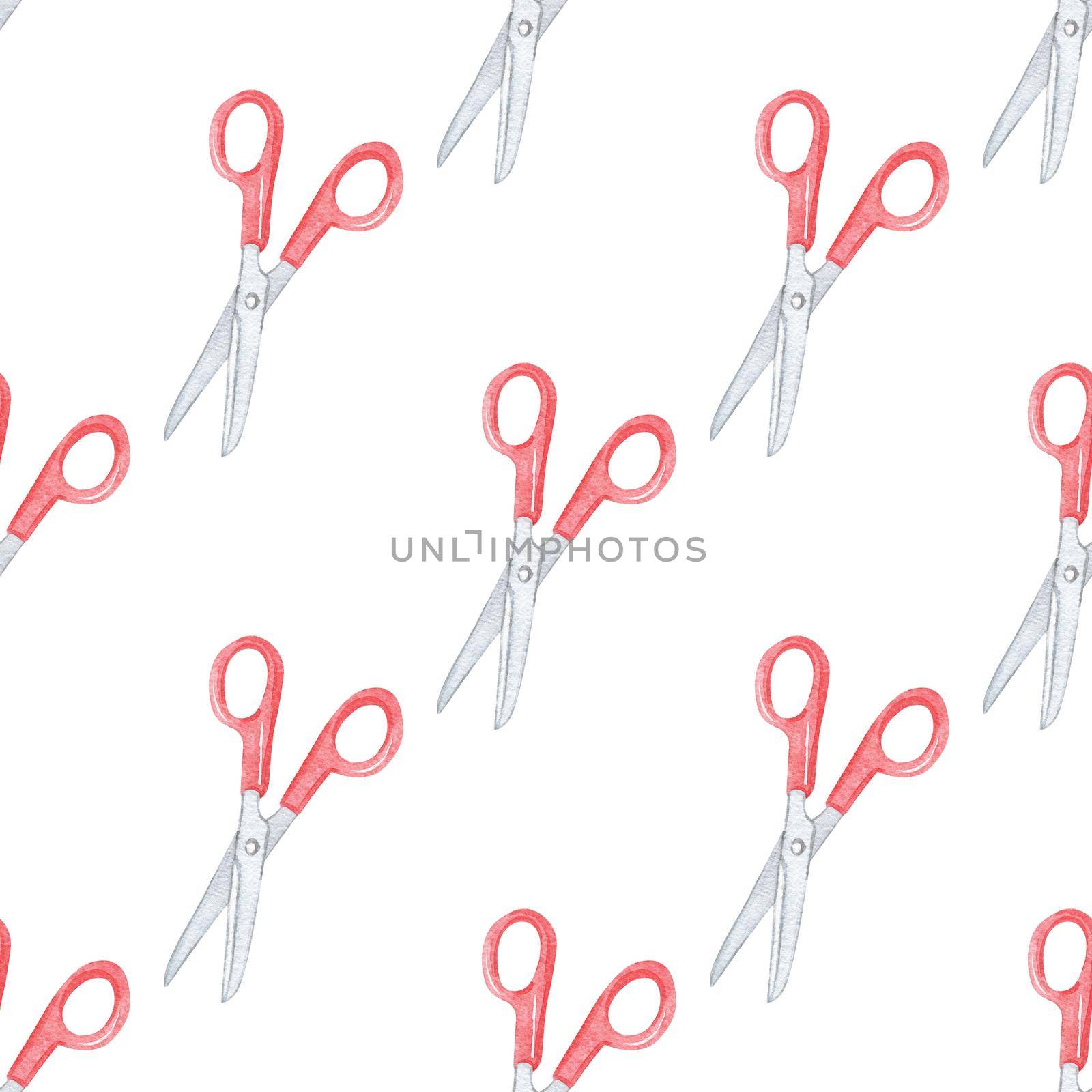 Watercolor red scissors seamless pattern on white background