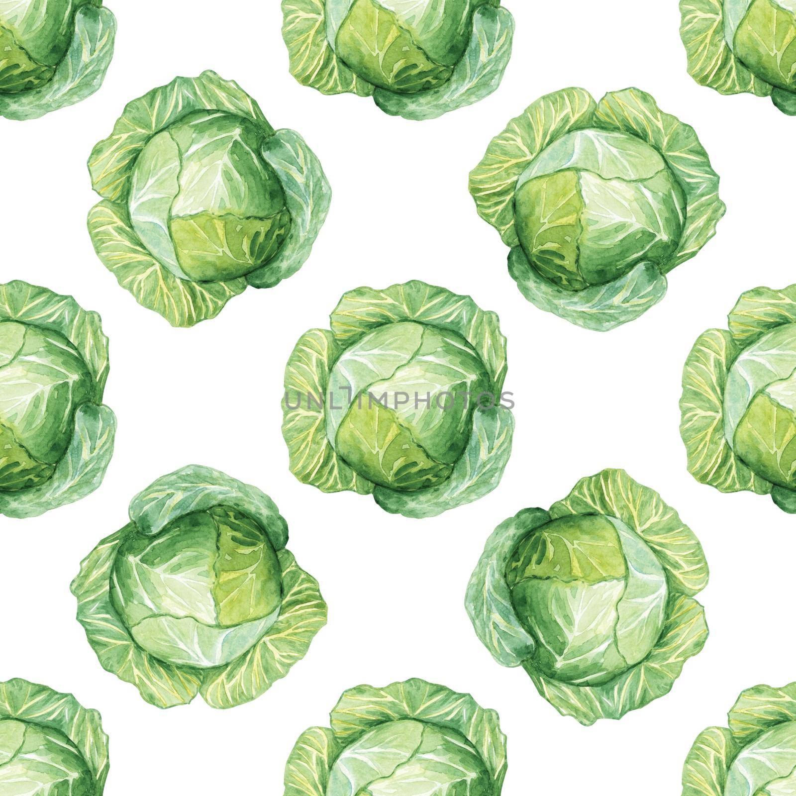 Watercolor green cabbage seamless pattern on white background. Hand drawn vegetable print for fabric, textile, wrapping, wallpaper