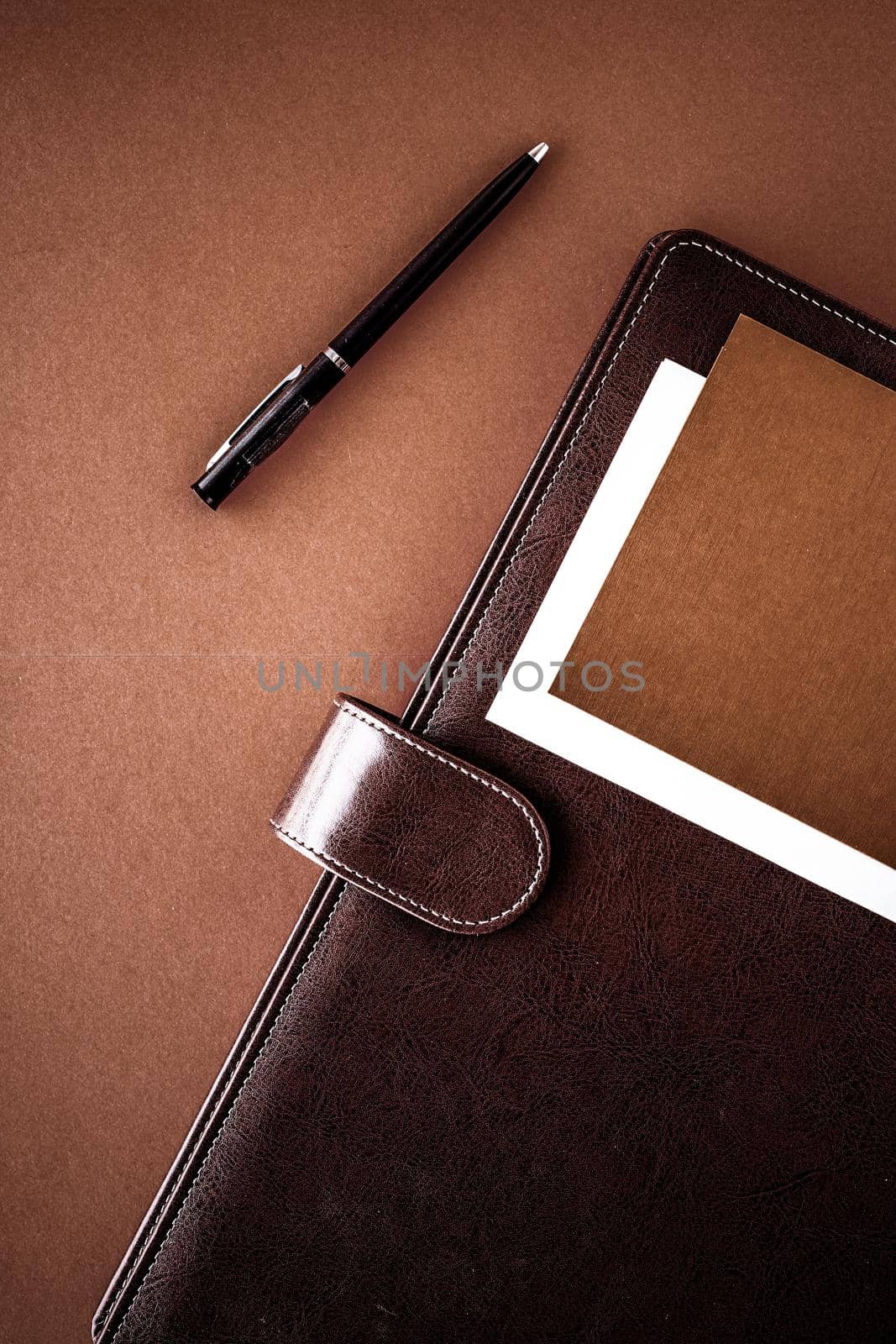 Productivity, work and corporate lifestyle concept - Vintage business briefcase on the office table desk, flatlay background