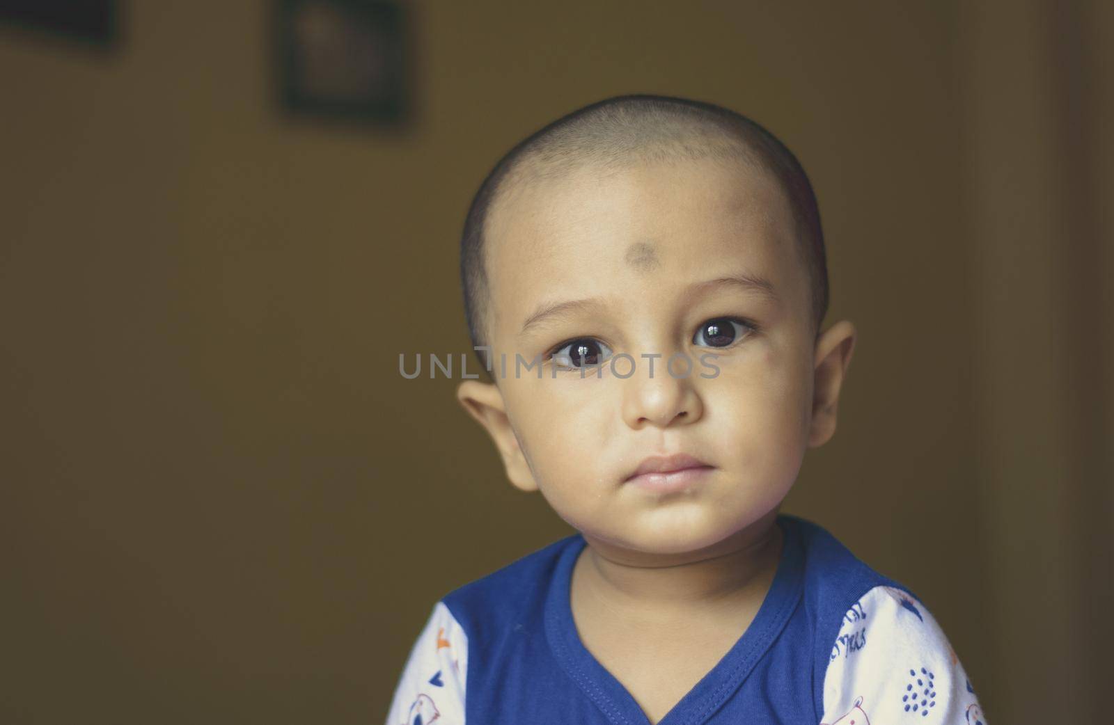 Cute bald indian baby boy in blue and white shirt looking away. Head and shoulder shot. Close up. by sudiptabhowmick