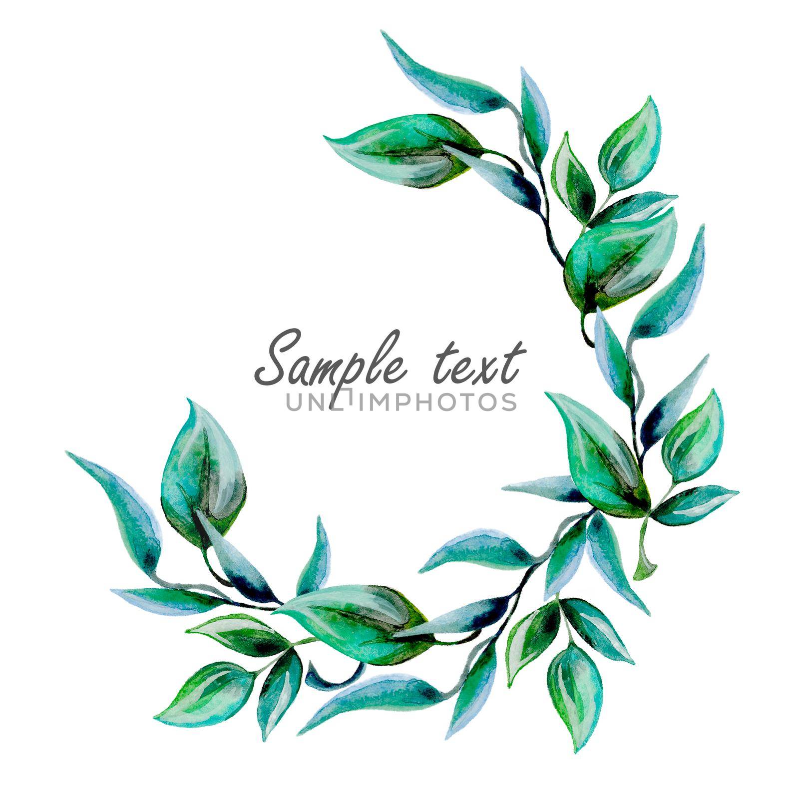 Frame round template with green leaves and place for text. Watercolor illustration by fireFLYart