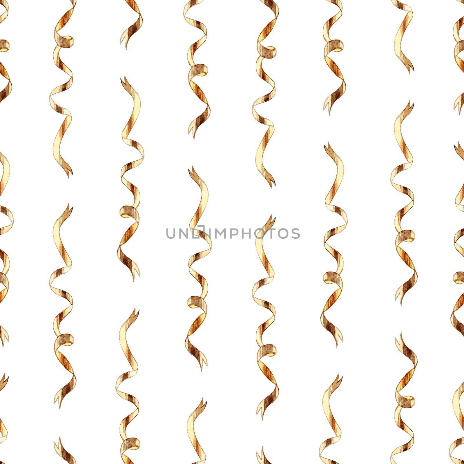 Watercolor gold curly ribbons seamless pattern on white background