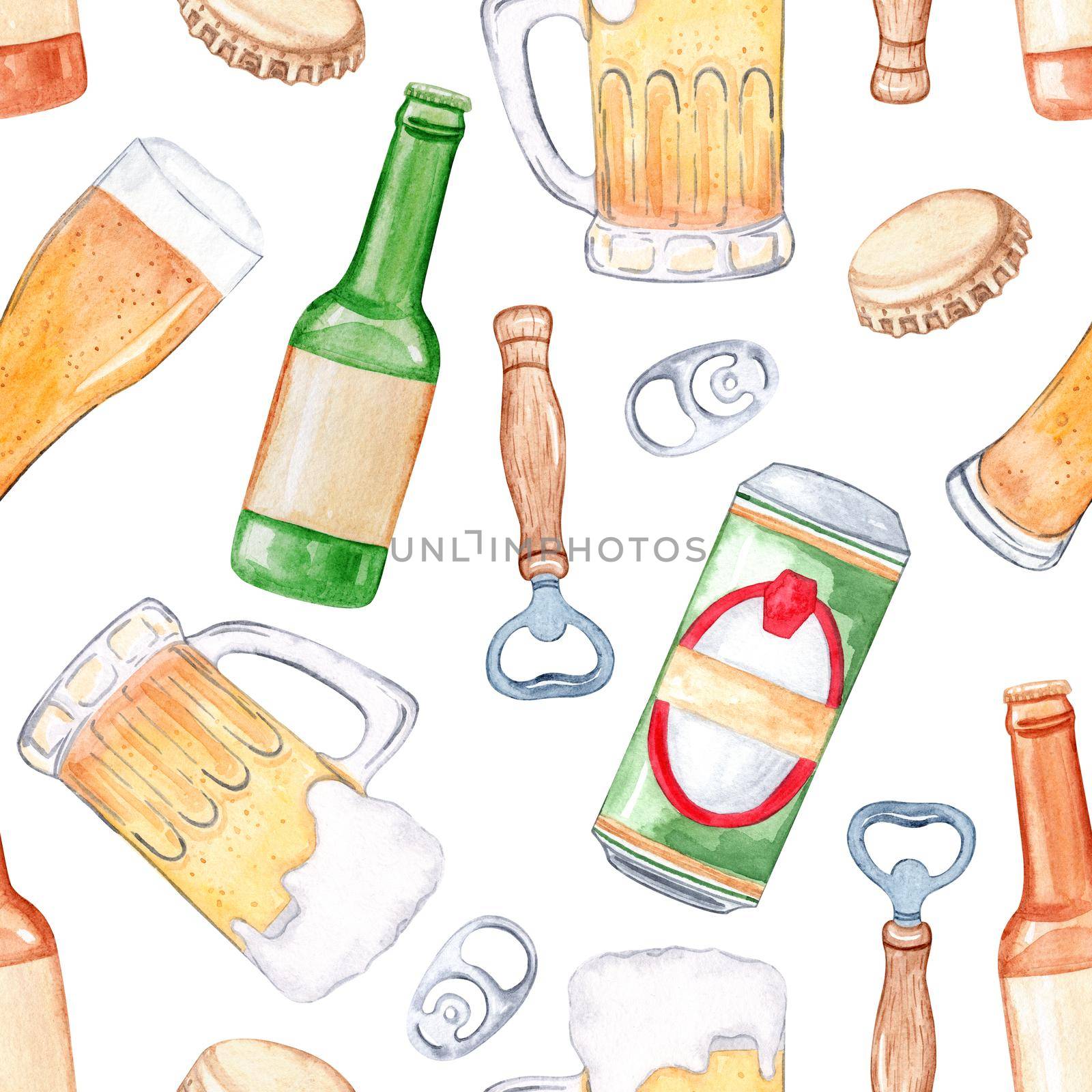 Watercolor beer bottles and cups seamless pattern on white background by dreamloud