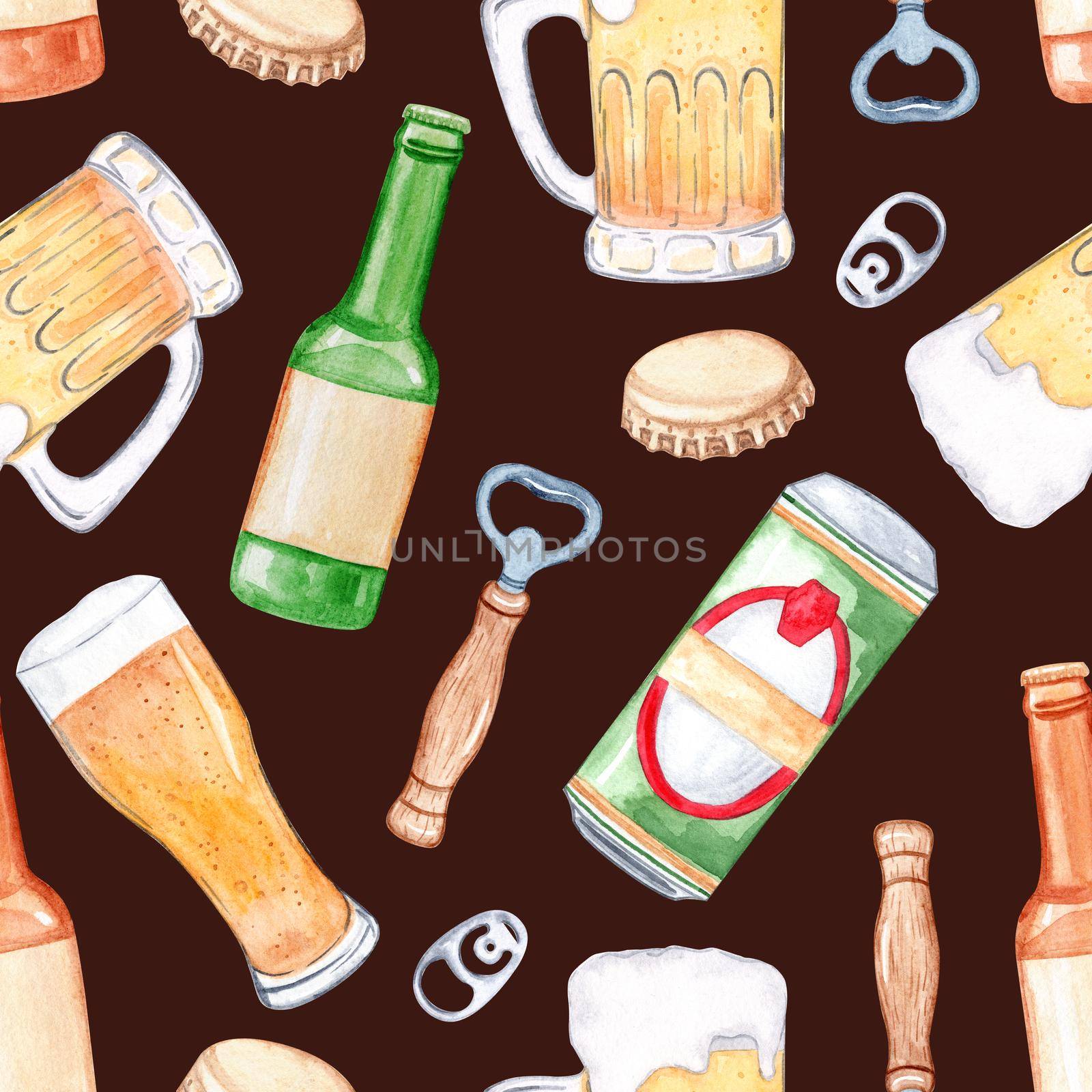 Watercolor beer seamless pattern on brown background. Brewery print for wrapping, fabric, textile, wallpaper