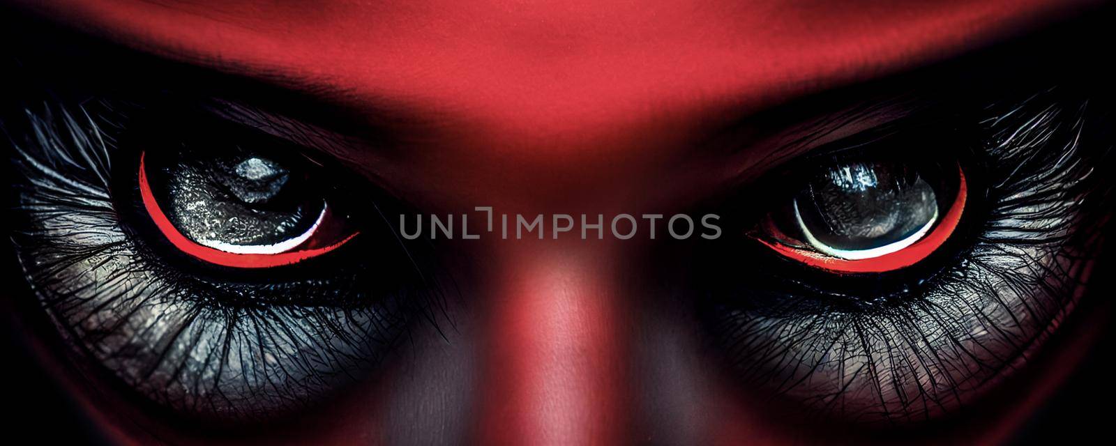 3D Render Close up of scary eyes looking at camera against black background.