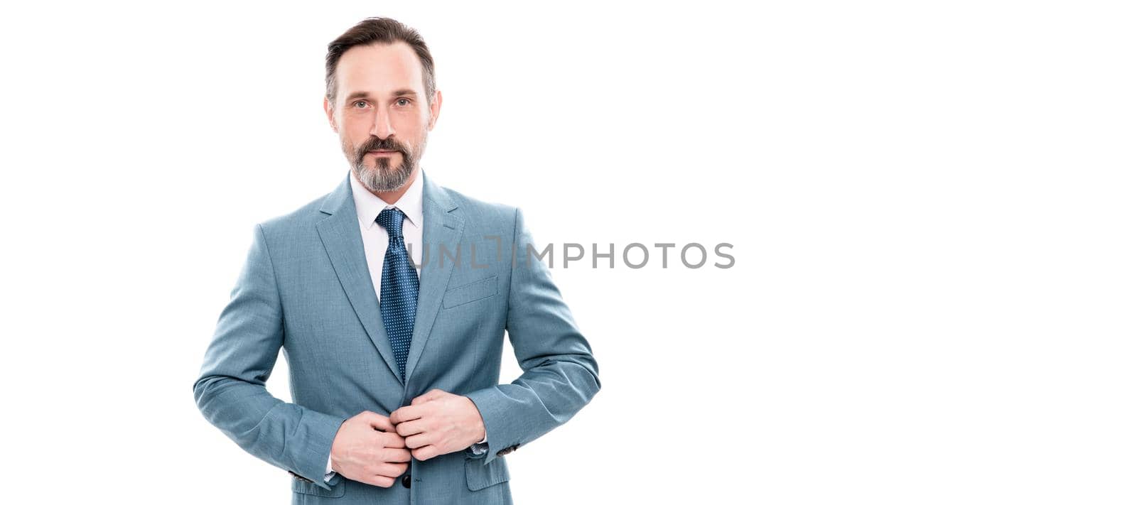 Man face portrait, banner with copy space. serious mature grizzled ceo in businesslike suit isolated on white, formal fashion