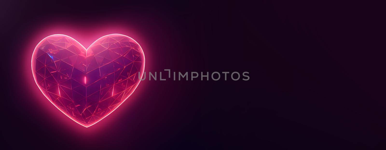 glowing neon crystal heart on dark gray background, neural network generated art. Digitally generated image. Not based on any actual scene or pattern.