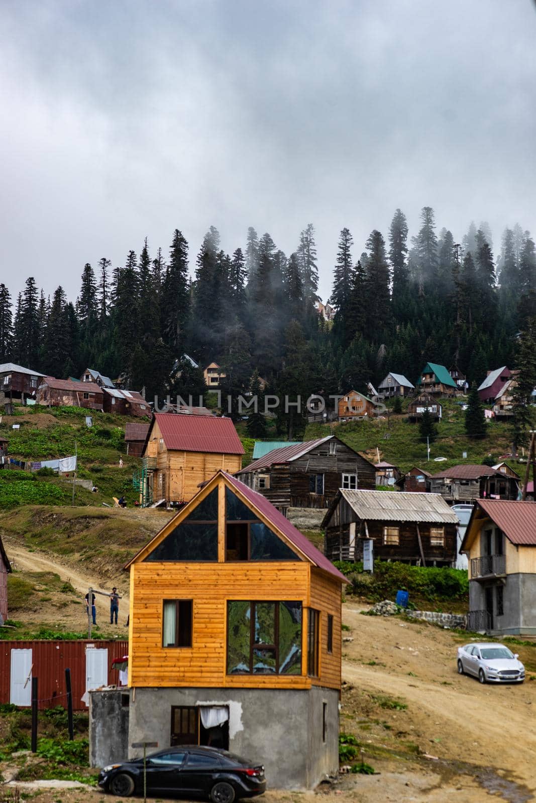 Famous georgian mountain resort Bakhmaro in summer view with old buildings