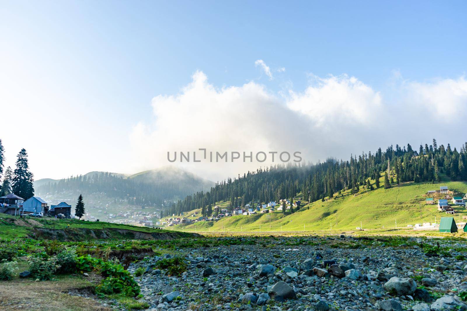 Scenic view of famous georgian resort Bakhmaro against mountain range with clouds