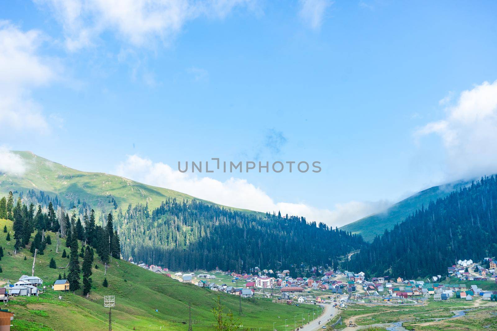 Famous georgian mountain resort Bakhmaro in summer view with old buildings