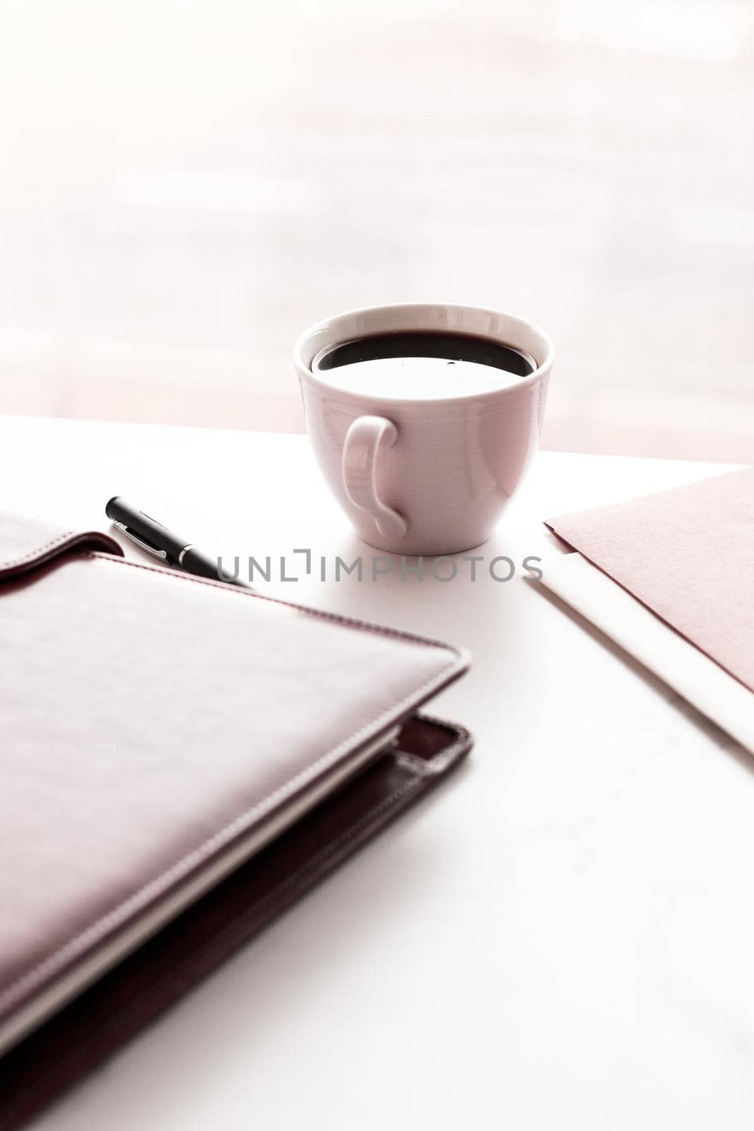 Office table desk and coffee cup, productivity concept by Anneleven