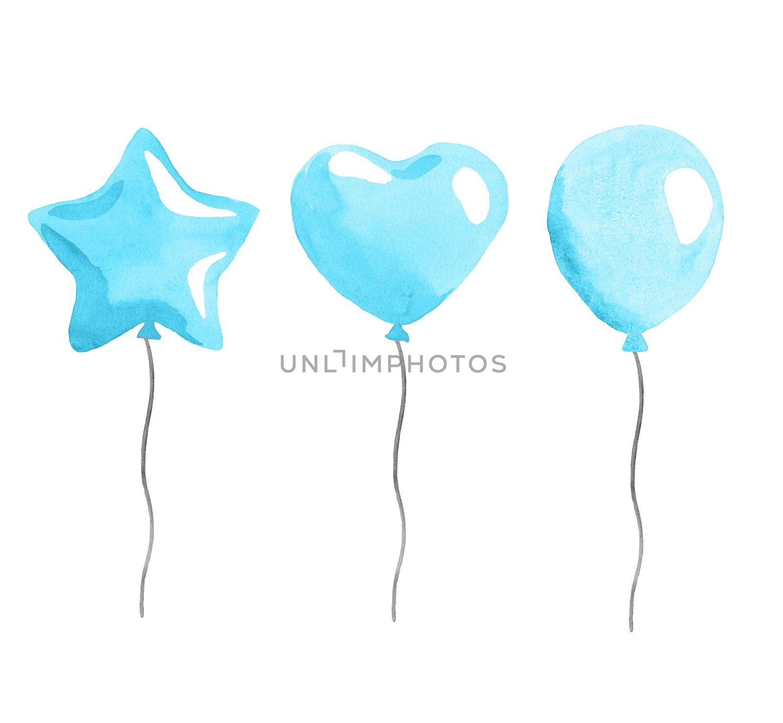 watercolor blue air balloons on white background by dreamloud