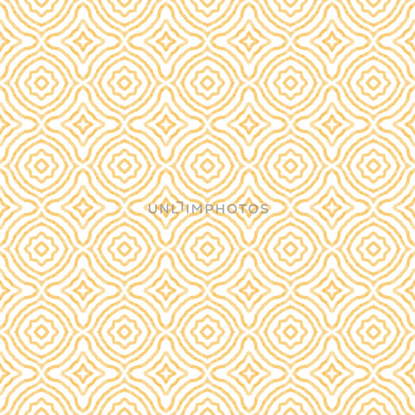 Ikat repeating swimwear design. Yellow symmetrical kaleidoscope background. Textile ready excellent print, swimwear fabric, wallpaper, wrapping. Summer ikat sweamwear pattern.