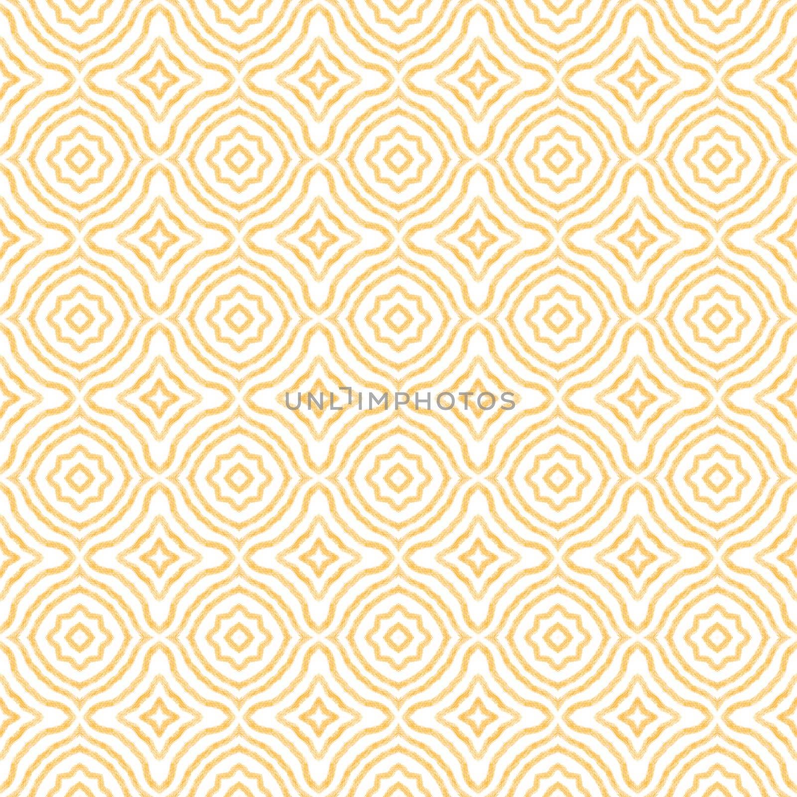 Ikat repeating swimwear design. Yellow symmetrical kaleidoscope background. Textile ready excellent print, swimwear fabric, wallpaper, wrapping. Summer ikat sweamwear pattern.