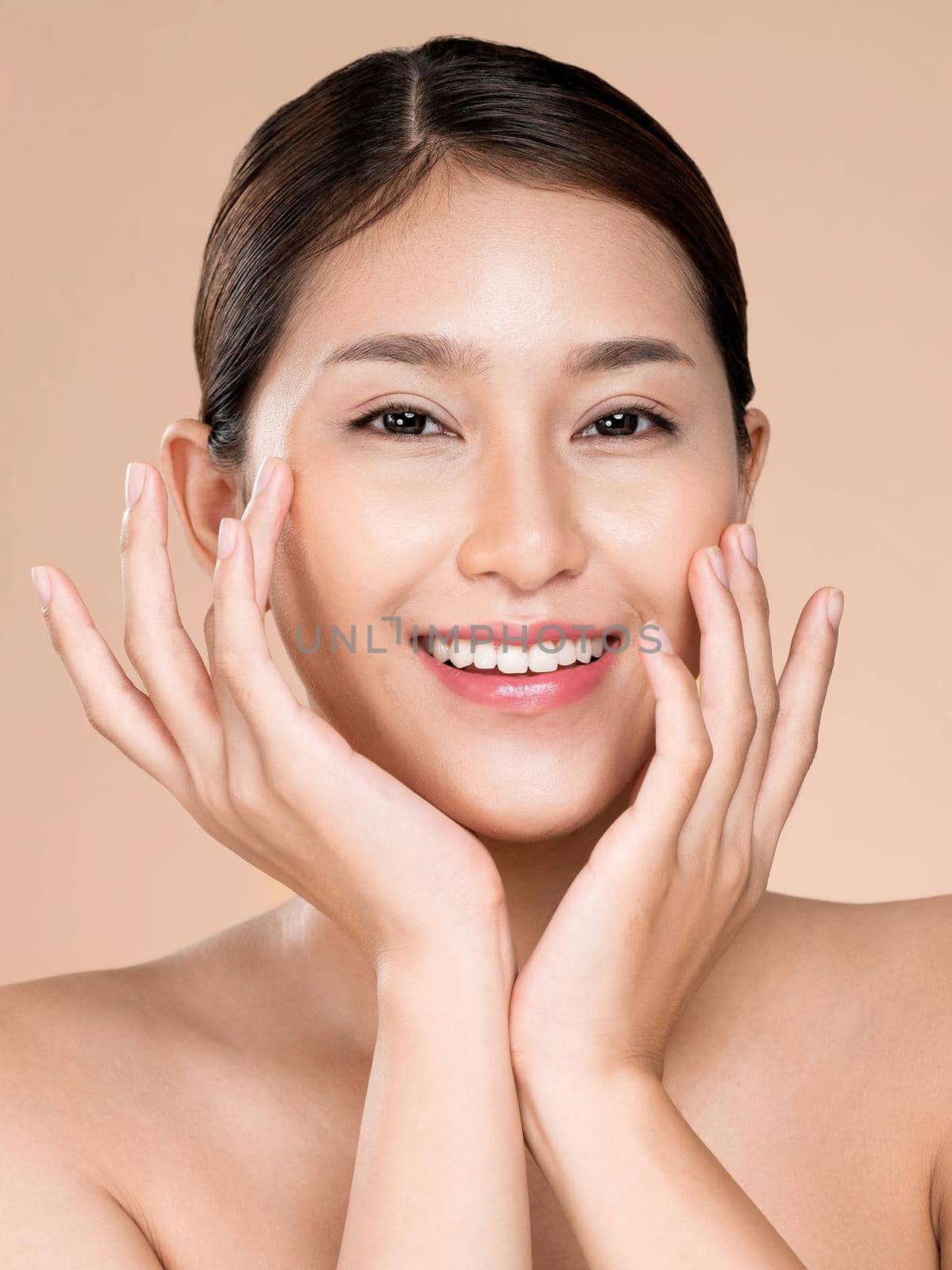 Closeup ardent young woman posing beauty gesture with clean fresh skin. by biancoblue