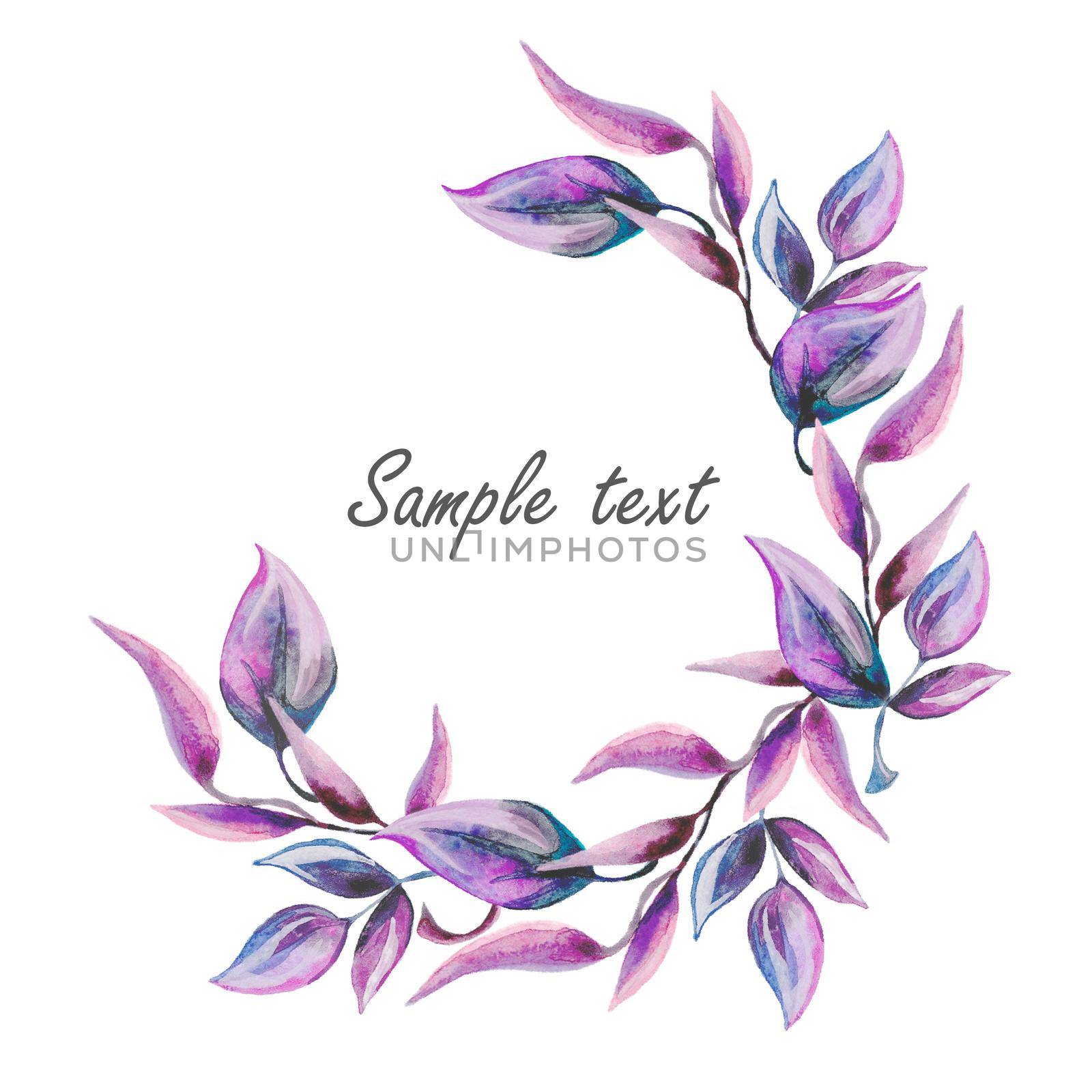 Frame round template with violet leaves and place for text. Watercolor illustration by fireFLYart