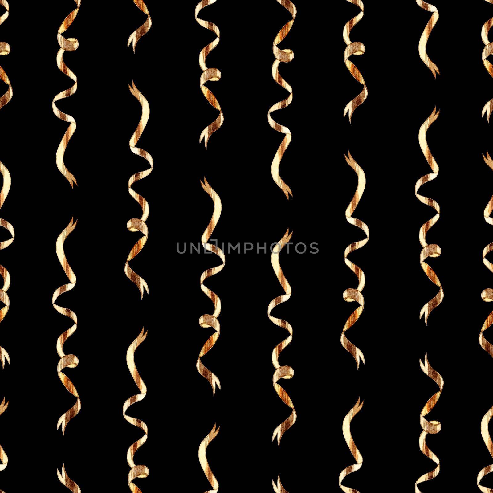 Watercolor gold serpentine ribbons seamless pattern on black background. Celebration print