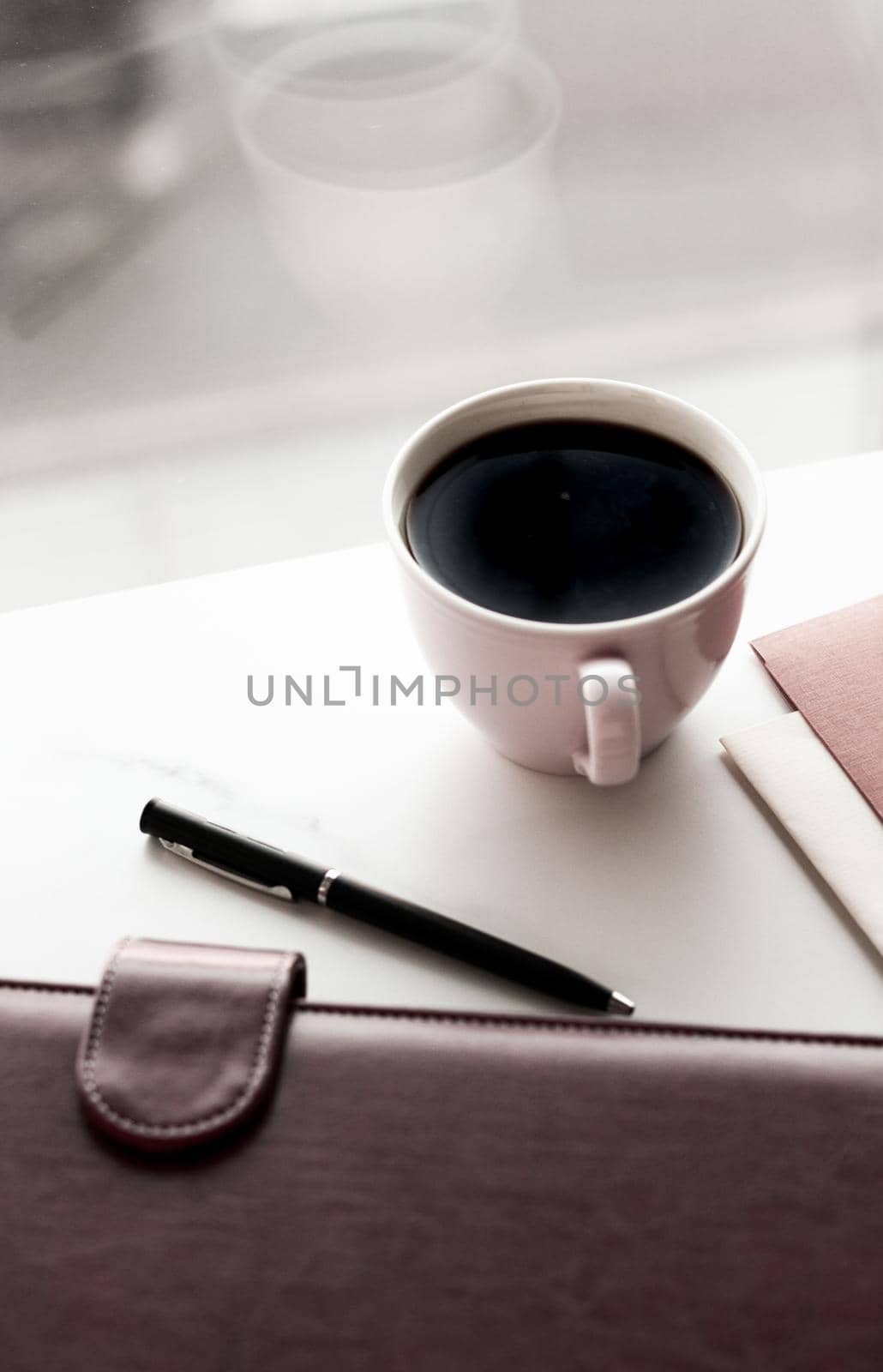 Office table desk and coffee cup, productivity concept by Anneleven