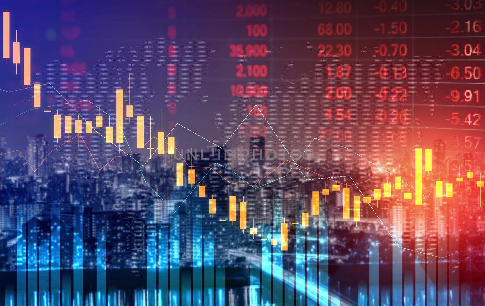 The digital indicators and declining graphs of a stock market crash overlap the backdrop of a modernistic city. Concept of a market crash in double exposure.