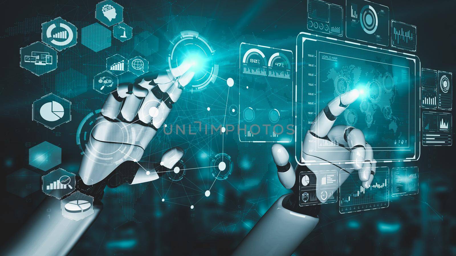 Futuristic robot artificial intelligence enlightening AI technology development and machine learning concept. Global robotic bionic science research for future of human life. 3D rendering graphic.