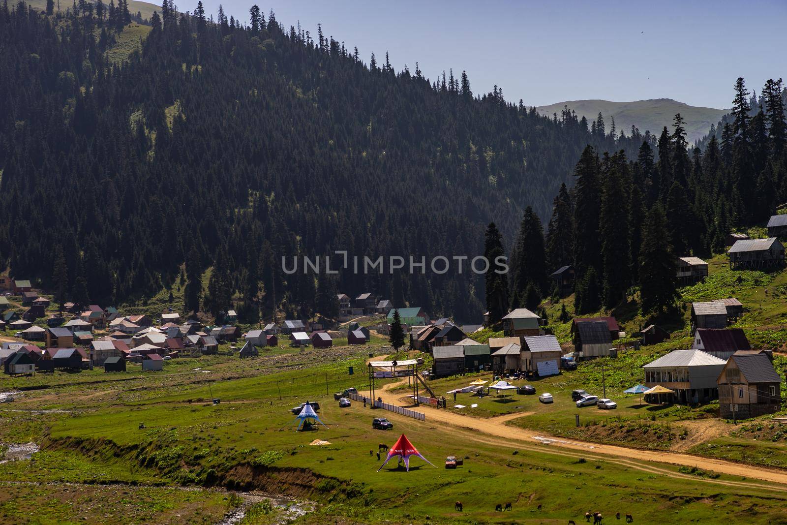 Famous georgian mountain resort Bakhmaro in summer view with old buildings