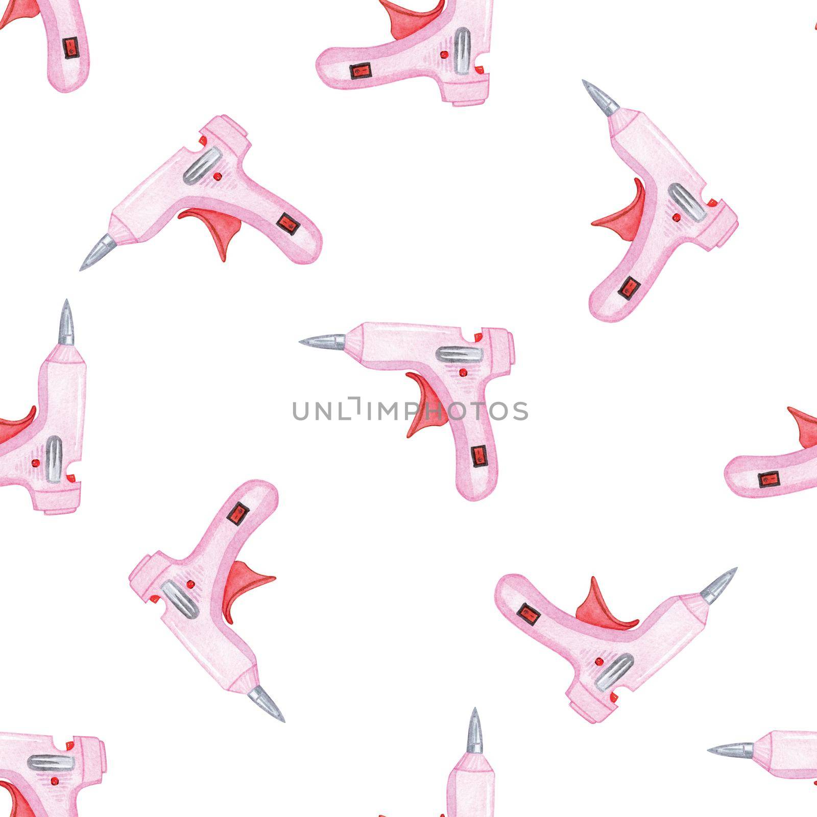 Watercolor pink glue gun seamless pattern on white background