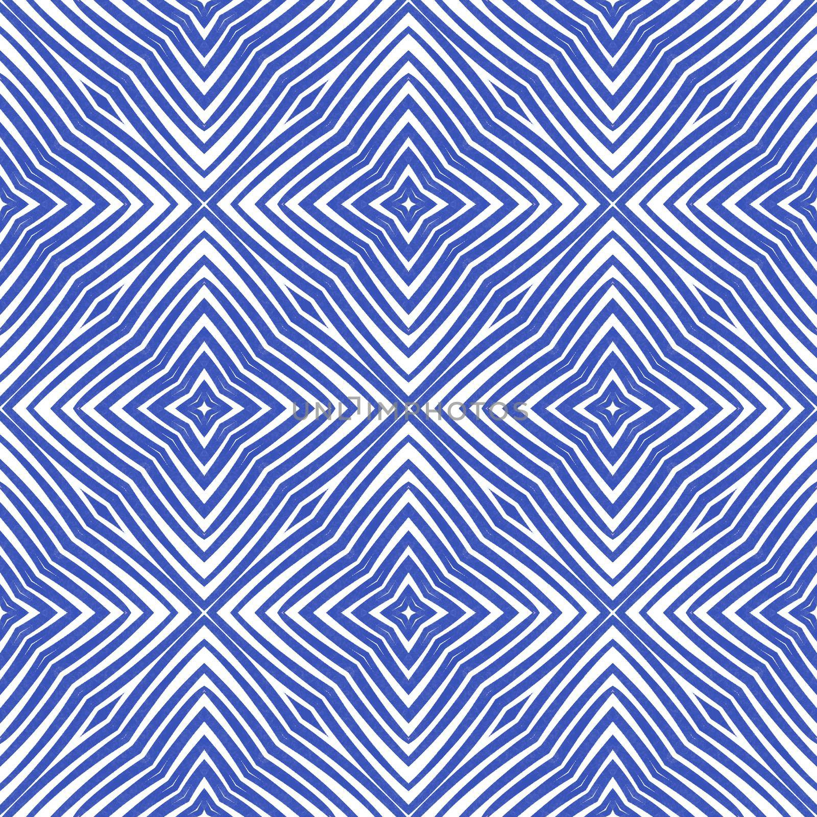 Striped hand drawn pattern. Indigo symmetrical kaleidoscope background. Textile ready astonishing print, swimwear fabric, wallpaper, wrapping. Repeating striped hand drawn tile.