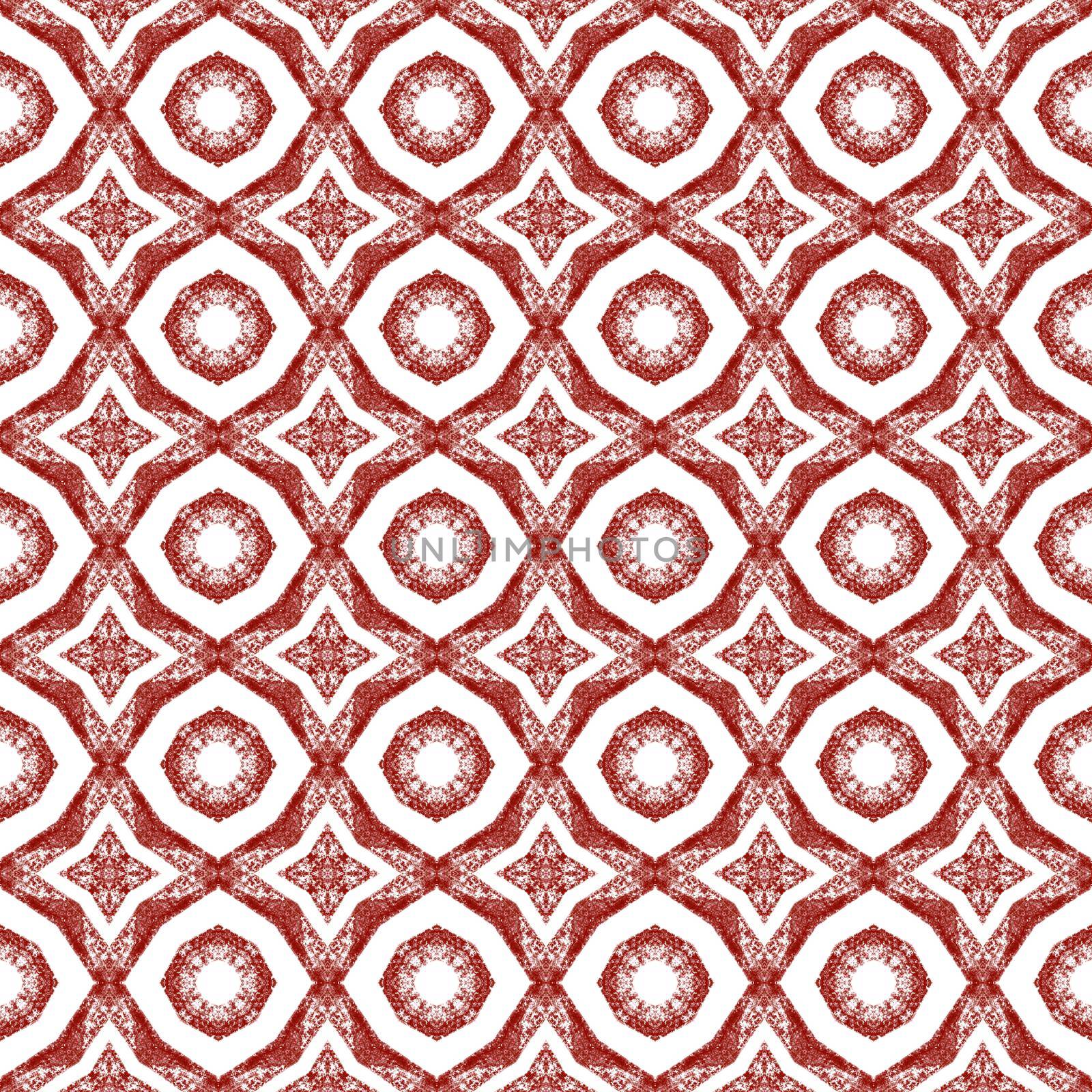 Ikat repeating swimwear design. Wine red symmetrical kaleidoscope background. Summer ikat sweamwear pattern. Textile ready great print, swimwear fabric, wallpaper, wrapping.