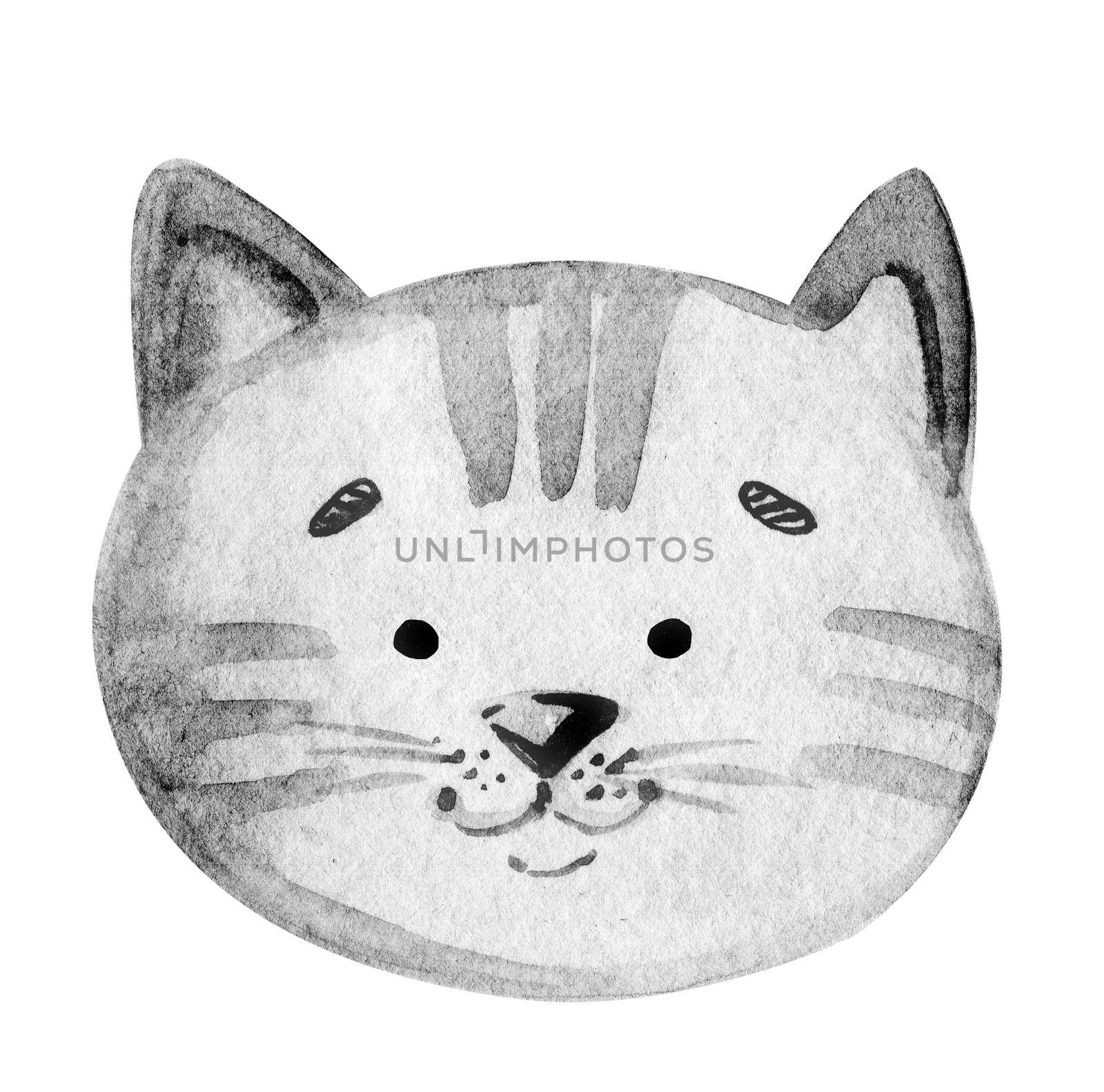 Watercolor grey cat funny face isolated on white background