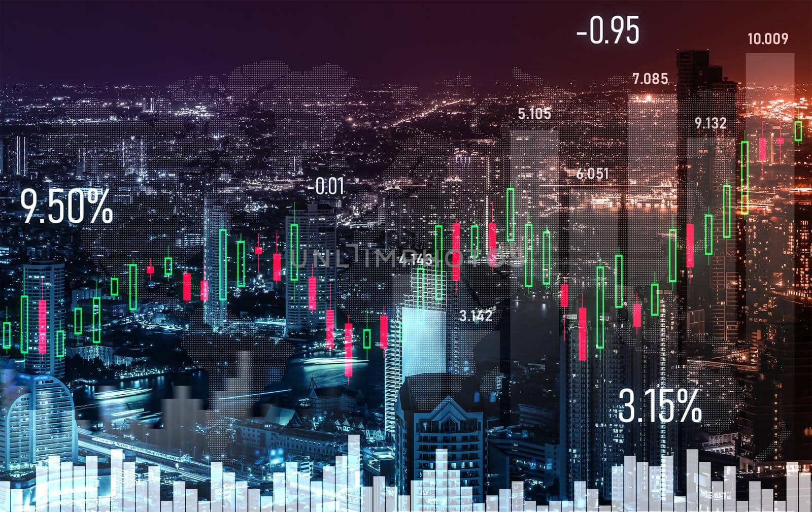 Financial graphs and digital indicators overlap with modernistic urban area, skyscrabber for stock market business concept. Double exposure.