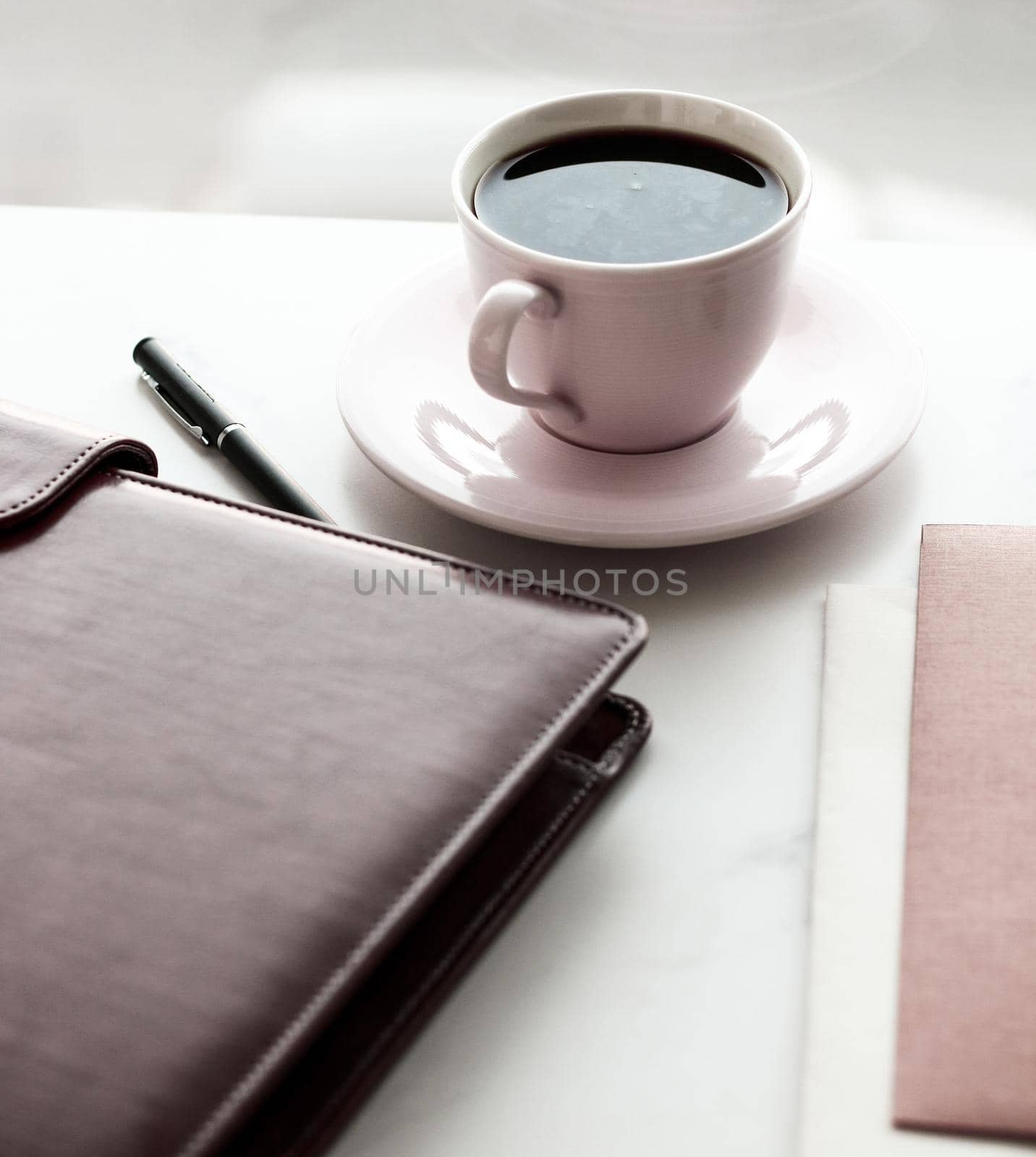 Office table desk and coffee cup, productivity concept by Anneleven