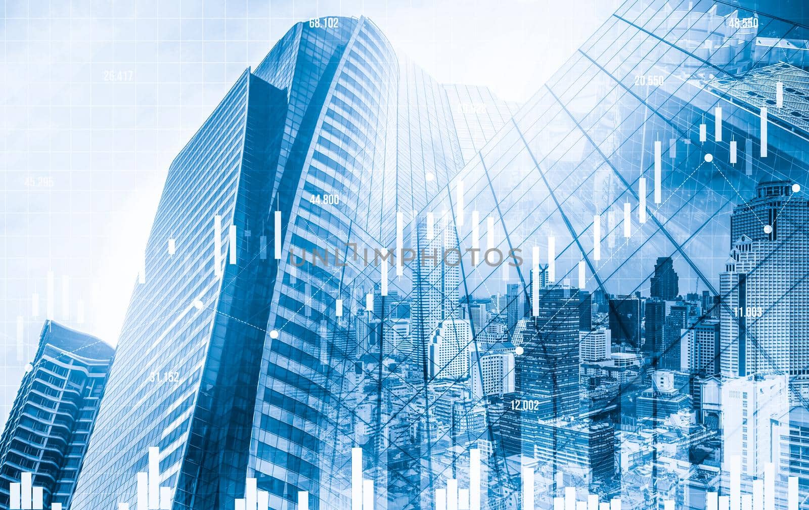 Financial graphs and modernistic cityscape as background for business concept. by biancoblue