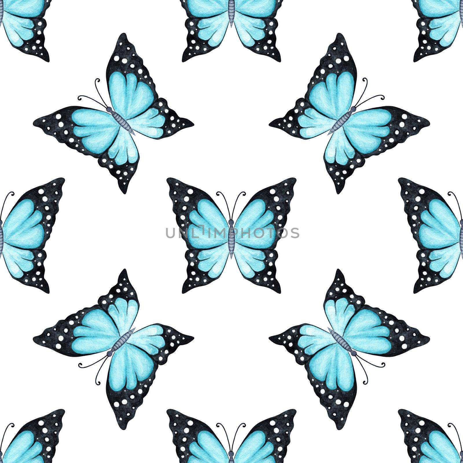 Watercolor blue butterflies seamless pattern on white background