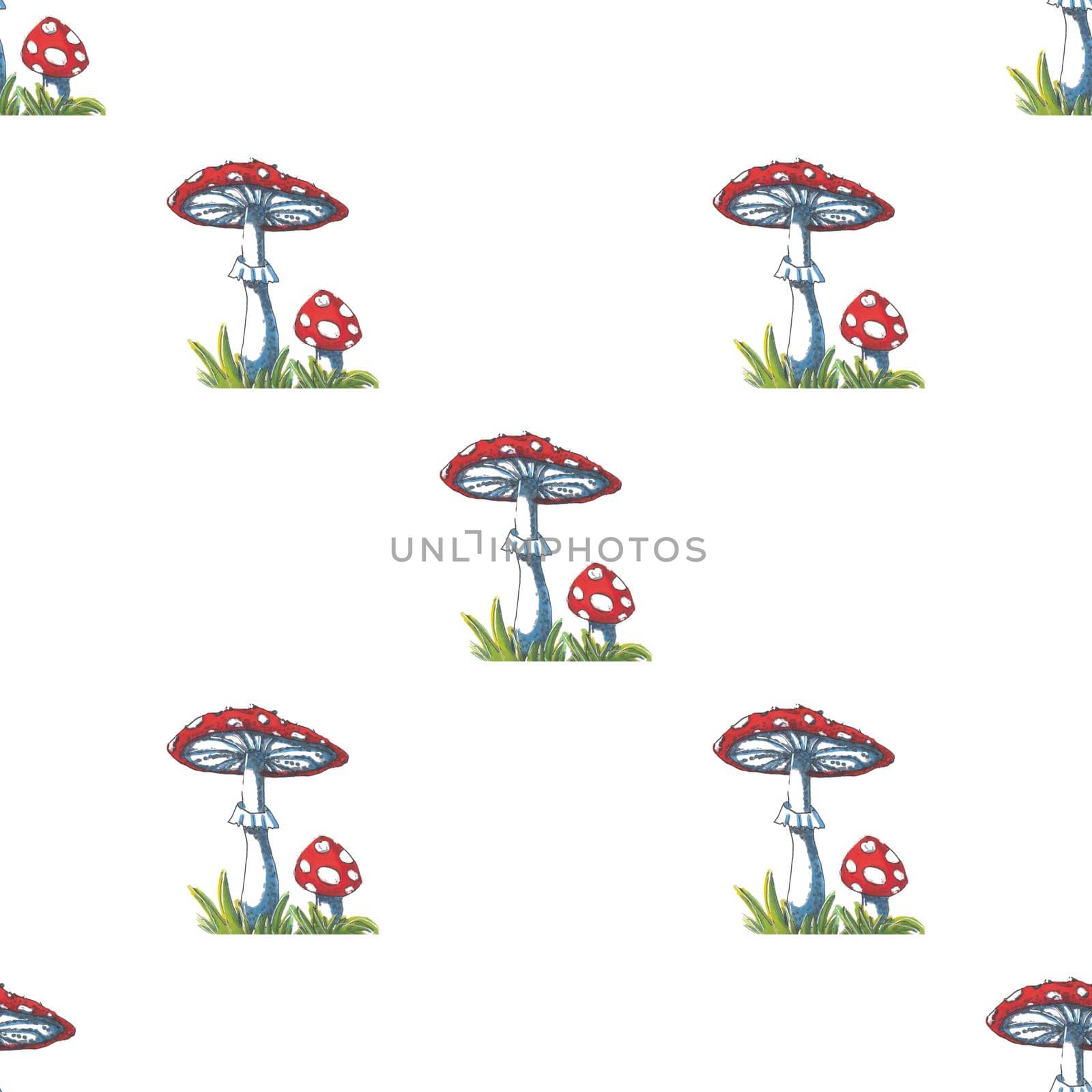 Fly-agaric seamless pattern on white background. Autumn forest illustration. by tenny_rosehip