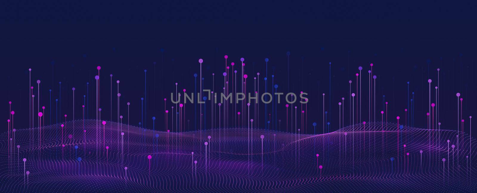 Big data visualization. Futuristic design of data flow. Abstract digital background with flowing particles. Abstract digital background with waves, lines and dots.