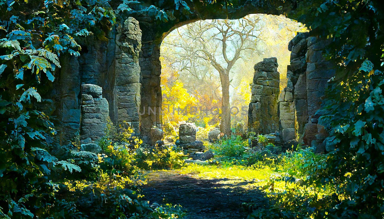 3D render ruins of a simple old stone gate, Beautiful mood lighting HD wallpaper