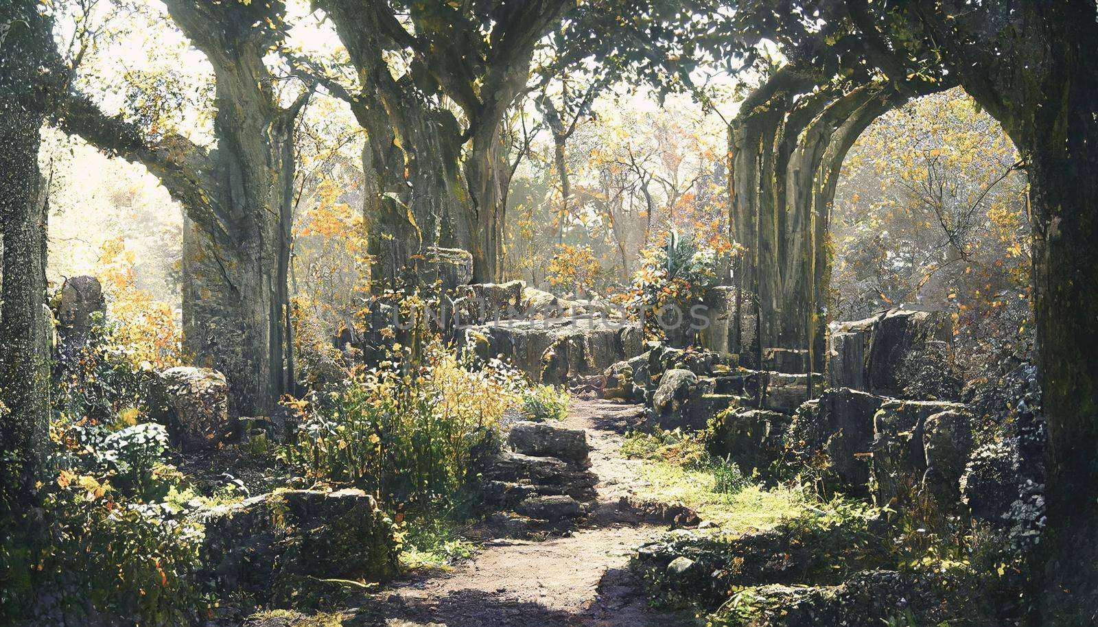 3D render ruins of a simple old stone gate, Beautiful mood lighting HD wallpaper