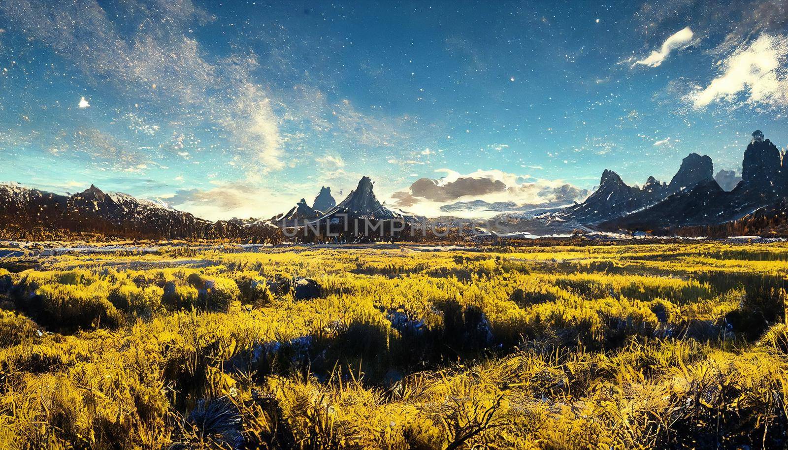 Peaceful scenery of beautiful autumn mountains, sky, moon, snowy mountains and tall patches of yellow grass. 3D illustration