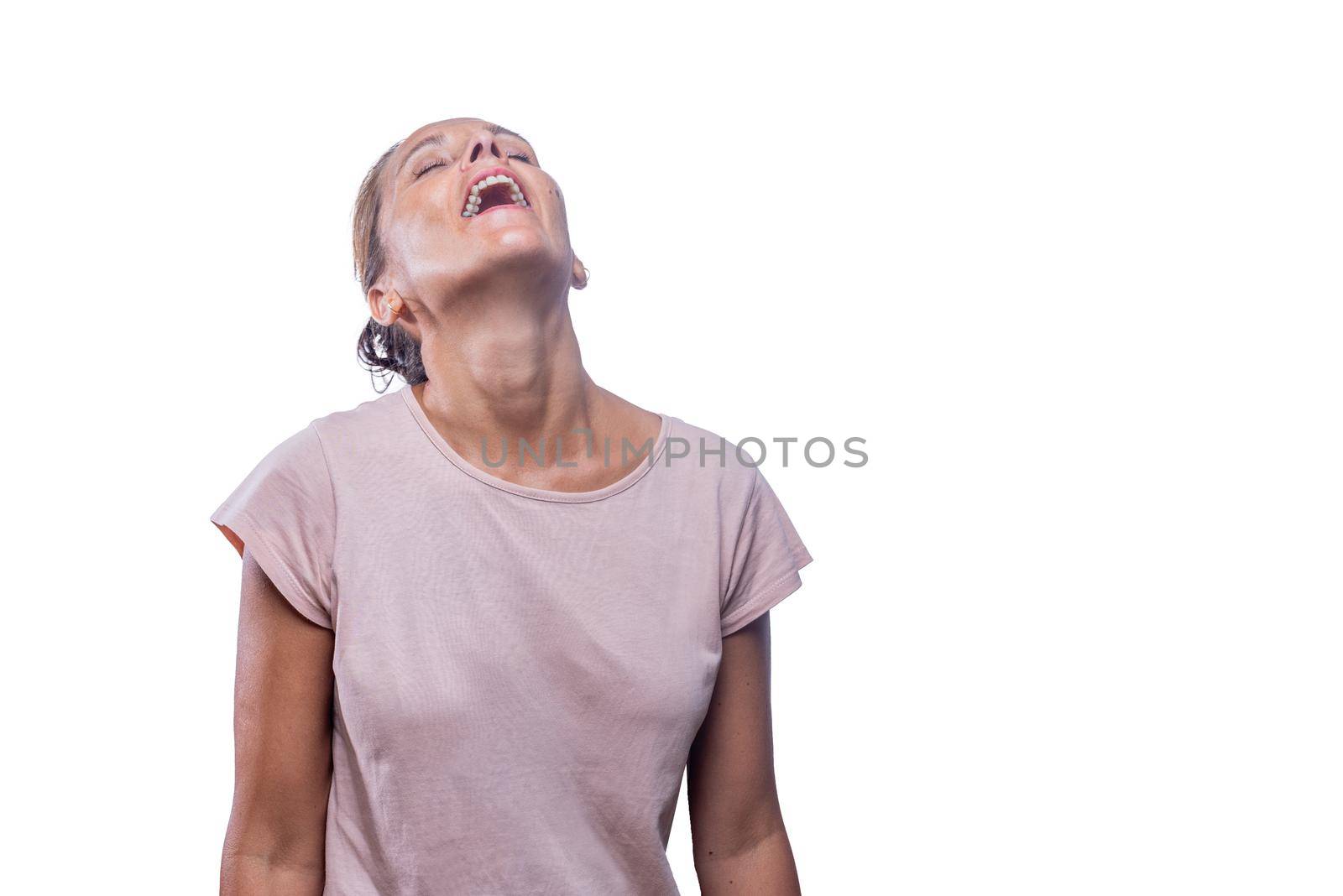 Front view of a woman with head back and an expression of pleasure on a white background with copy space.