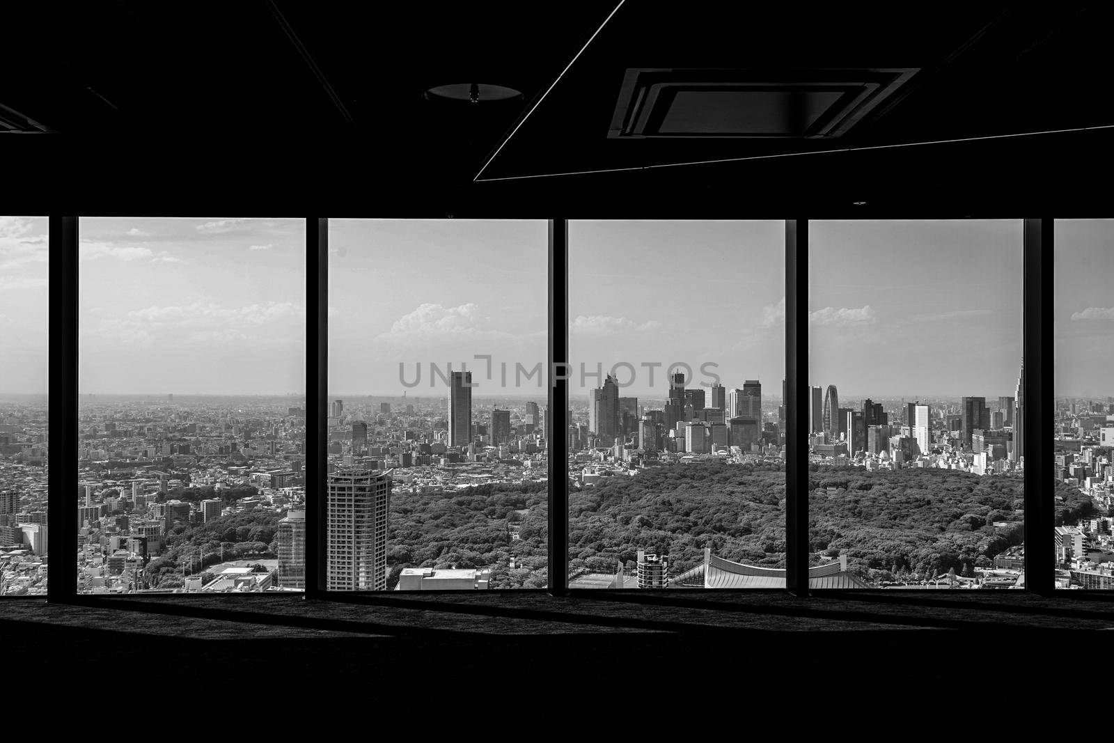 Building of Shinjuku seen over the window. Shooting Location: Tokyo metropolitan area