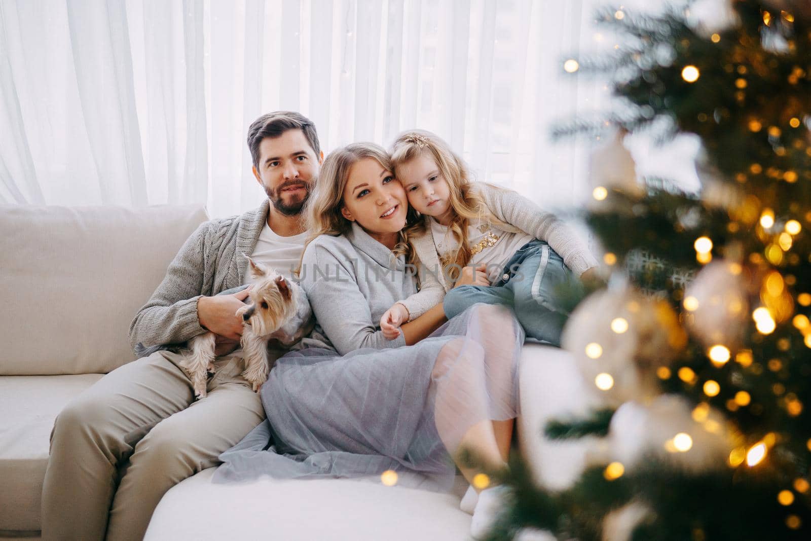 Happy family: mom, dad and pet. Family in a bright New Year's interior with a Christmas tree.