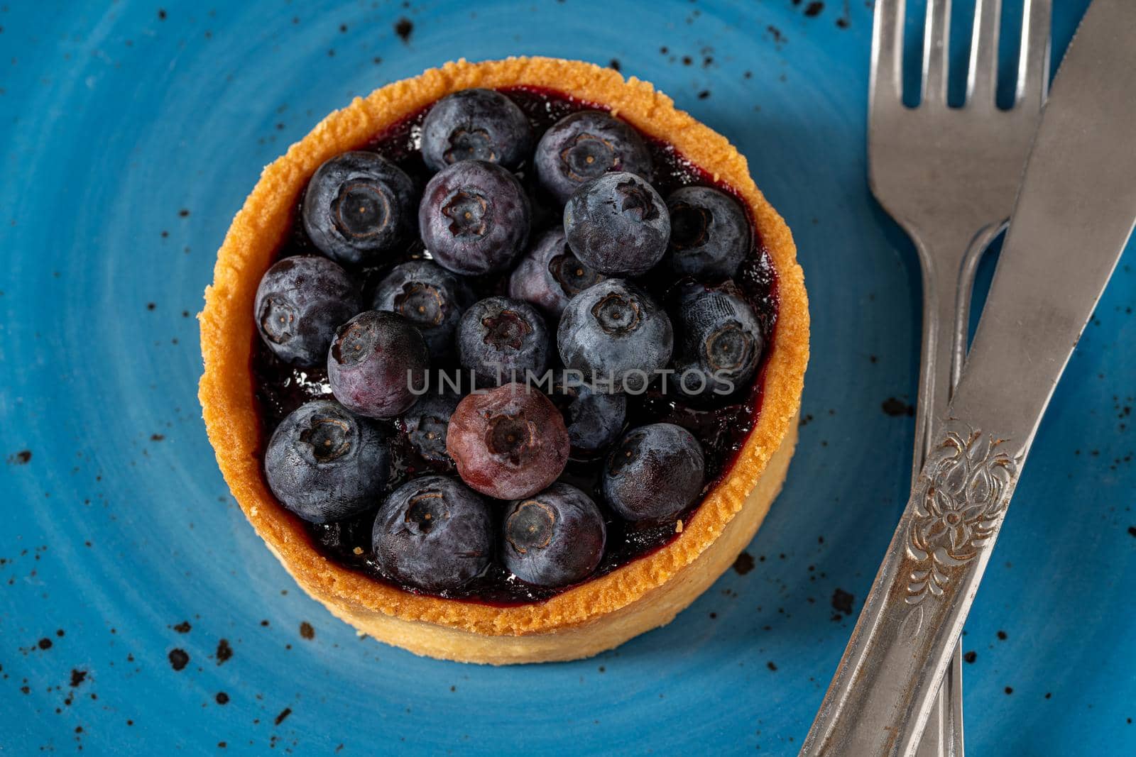 Freshly baked blueberry tart on a blue porcelain plate