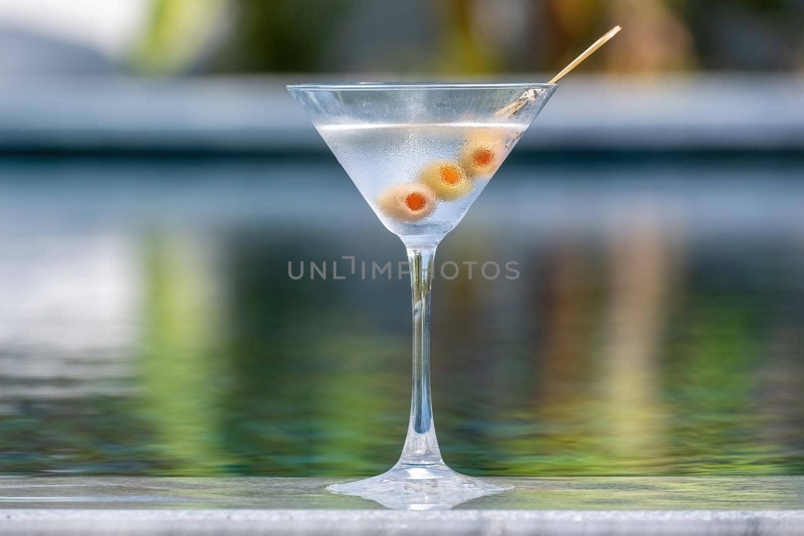 margarita cocktail in the bar. martini glass of cocktail with olives on blurry background by Sonat