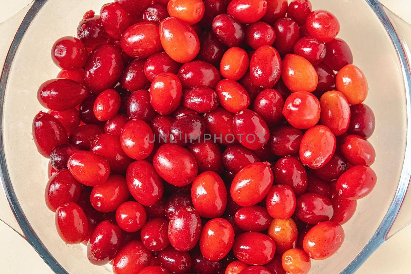 Fresh cranberries in a glass bowl. Healthy eating concept by Sonat