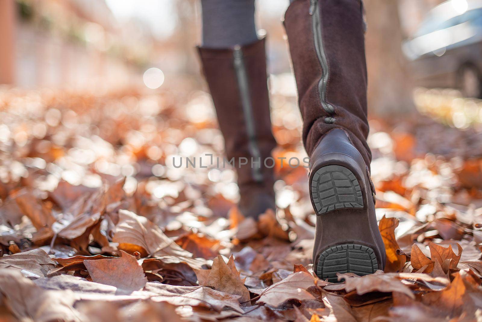 Close up view of a woman's boots walking through the fallen leaves in the street in autumn