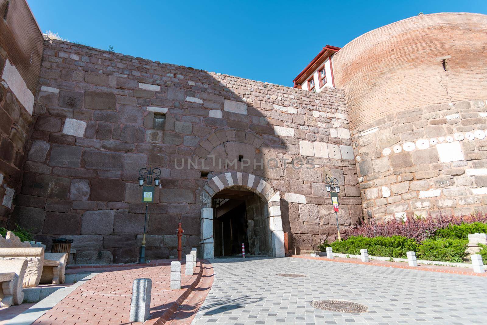 Ankara Castle with the Turkish flag flying over it. Turkish name is Ankara Kalesi