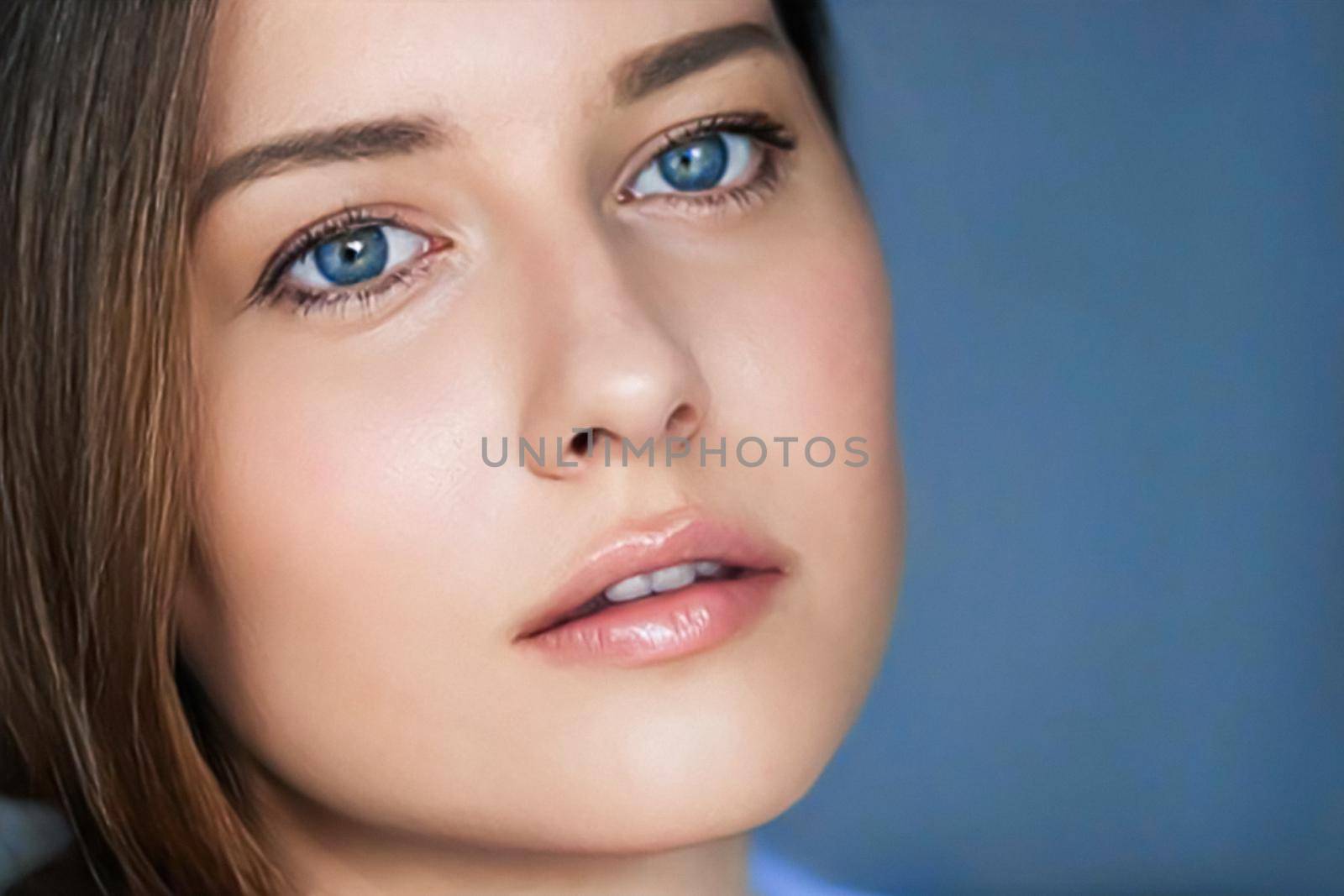 Beauty and skincare, beautiful woman with blue eyes, natural make-up, face portrait close-up