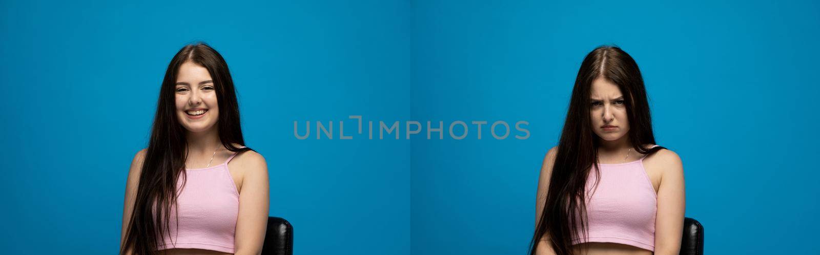 Set of two emotional photographs of a young woman with a happy and angry, sad emotions. Beautiful brunette in a blue t-shirt on a blue background. Collage