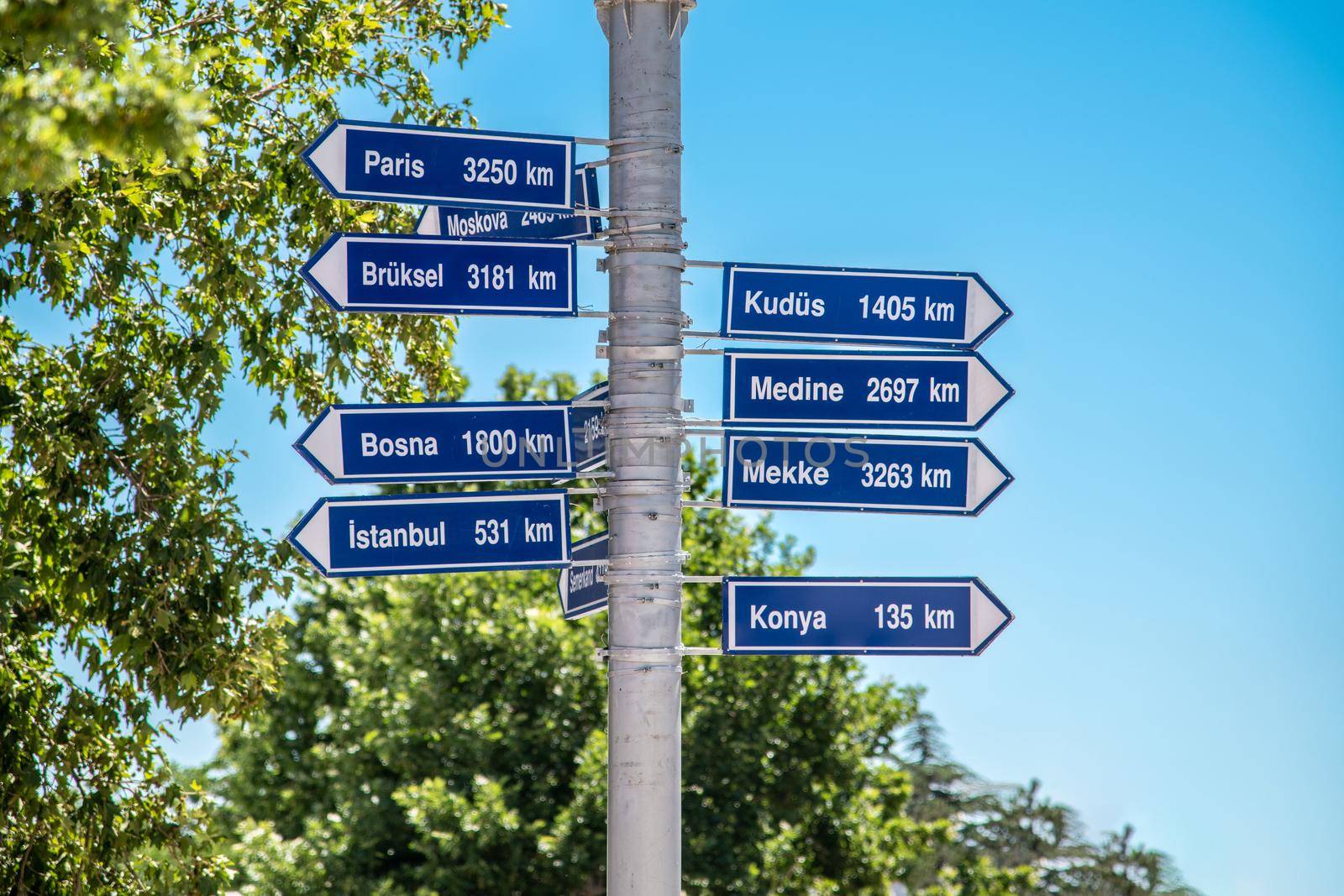 Signpost showing Important Cities (Paris, Brussels, Bosnia, Istanbul, Jerusalem, Medina, Mecca) by Sonat
